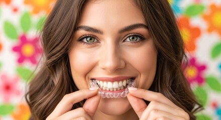 Close-up of a smiling woman holding a clear dental aligner in front of her teeth with a colorful floral background showcasing dental health and orthodontic care