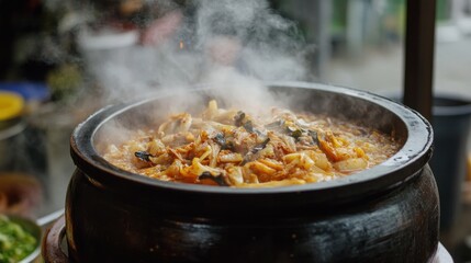 Steaming hot pot of kimchi stew outdoors, blurry food buffet in background