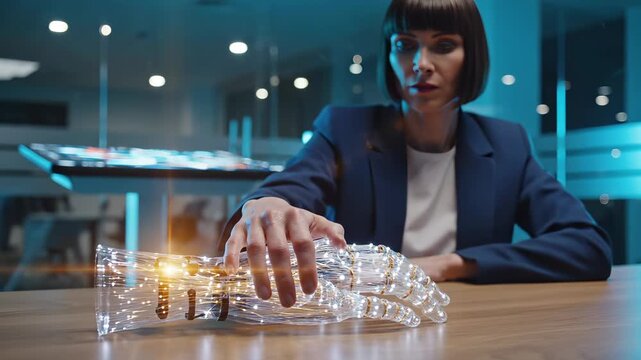 Woman touches a robotic hand in a futuristic office. The woman interacts with a glowing bionic hand. This engineer develops a bionic hand. The scene represents future technology and innovation.