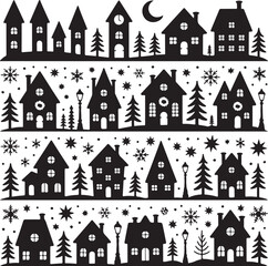 black and white winter village scene with houses and trees
