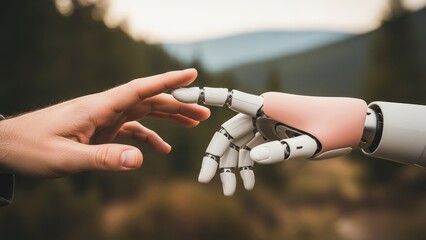 A human hand reaches out to touch a robotic hand, symbolizing the connection between humanity and technology in a natural setting