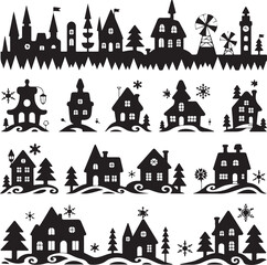 black silhouette houses and trees on white background