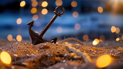 Vintage Anchor on Sandy Beach with Soft Bokeh Lights in Background During Twilight