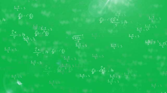 Animation of mathematical formulae and flickering spots moving on white background