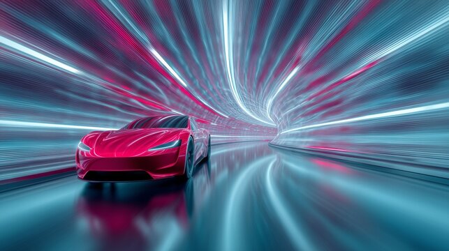 Electric car driving fast through a modern tunnel with vibrant light trails with copy space - Powered by Adobe