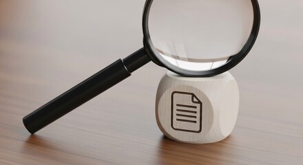 Magnifying glass placed over a document icon on a white cube on a wooden surface emphasizing research and investigation concepts in a professional setting