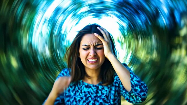 Woman suffering an acute stroke, experiencing intense vertigo. Ischemic, hemorrhagic, minor, or transient cerebral attack.