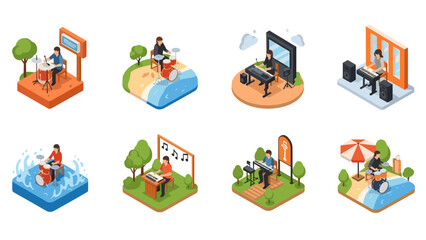 Isometric musicians in outdoor and indoor scenes playing drums and keyboards