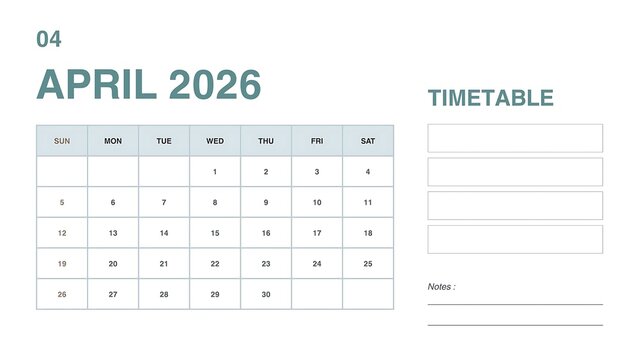 A calendar and timetable template for April 2026, featuring a clean, minimalist design with sections for daily schedules and notes. - Powered by Adobe