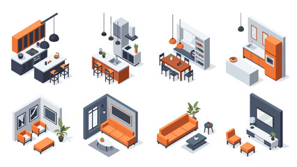 Obraz premium Modern isometric interior: stylish home spaces with orange and grey accents