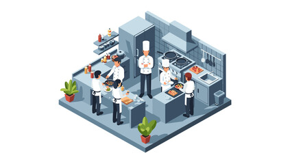 Isometric kitchen scene with chefs preparing dishes in a professional restaurant setting