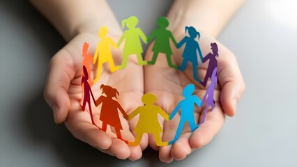 Manos de enfermera abrazando cadenas de papel de diversas figuras humanas, que simbolizan la neurodiversidad, la concienciaci&oacute;n sobre el autismo, el apoyo comunitario y un enfoque de atenci&oacute;n sanitari