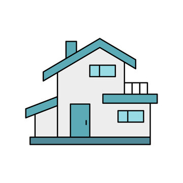 Modern blue split level house with white trim and balcony for suburban family living.