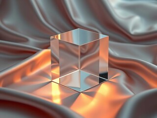 A shiny metallic cube sits on a flowing satin fabric with warm orange reflections.
