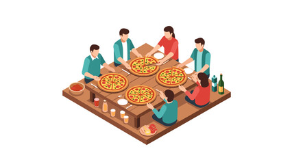 Isometric group dining with pizza in a casual setting