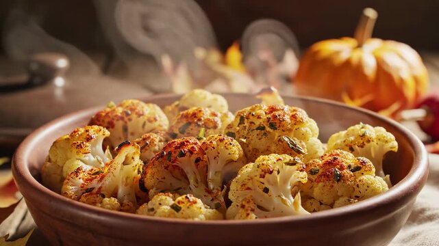 Roasted Cauliflower Dish: A close-up shot of a savory roasted cauliflower dish, nestled in a ceramic bowl, with a background featuring seasonal elements and a hint of culinary artistry. 