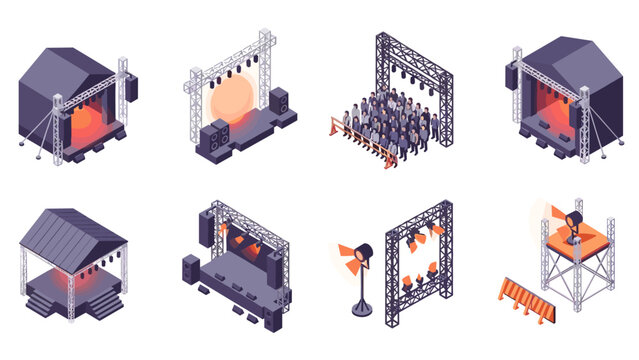 Isometric concert stages with lighting and crowd elements for event design