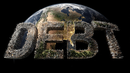 USA highlighted on a world map with the word DEBT prominently displayed, symbolizing national finance, economic pressure, and global fiscal relationships.
