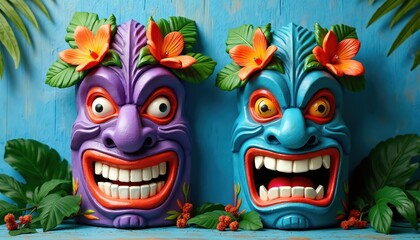 Two colorful tiki masks with flowers and leaves look surprised. One is purple and the other is blue. Masks have wide open mouths and big eyes. Tropical decor for party or luau.