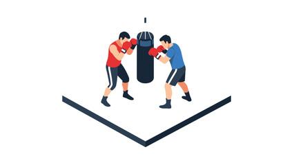 Isometric boxing training: two fighters sparring with punching bag in gym setting