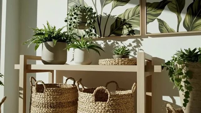 Bright Indoor Setting With Shelves Featuring Potted Plants And Decorative Woven Baskets