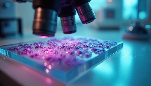 Microscope examines purple cells on glass slide. Scientific research studies cellular structure, disease diagnosis, and cell growth in laboratory setting. Analysis of biological material.