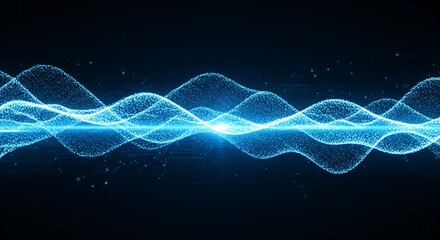 Vibrant blue light waves glowing in dark space with sparkling particles
