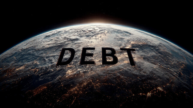 USA highlighted on a world map with the word DEBT prominently displayed, symbolizing national finance, economic pressure, and global fiscal relationships.
 - Powered by Adobe