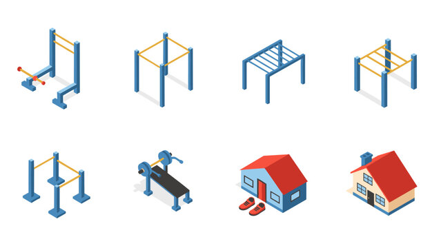 Isometric outdoor and home fitness equipment with minimalist houses