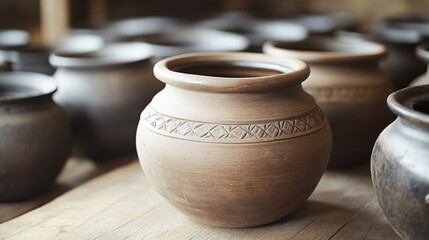 Rustic clay pot on wooden table, surrounded by other pottery, in a workshop