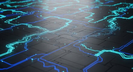 Glowing blue circuit board with neon light trails on dark background