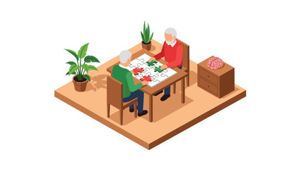 Elderly people engaging in puzzle game in cozy room setting