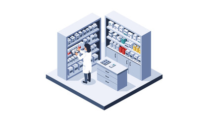 Obraz premium Isometric pharmacy interior with pharmacist organizing shelves in modern medical store