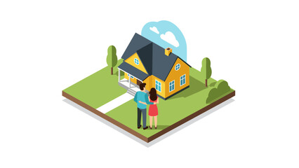 Fototapeta premium Isometric couple admiring new home in suburban landscape