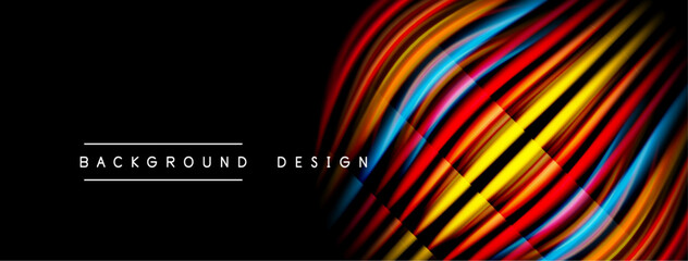 Abstract colorful lines over black background. Modern design element, vibrant texture, dynamic composition. Simple text labels present.