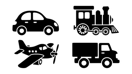 Naklejka premium Classic Transport Toy Set Featuring Small Passenger Car Steam Train Locomotive Propeller Airplane And Delivery Truck