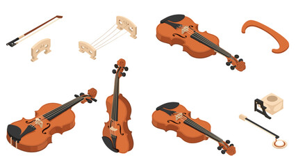 Isometric classical violin set with accessories on white background © Maureen