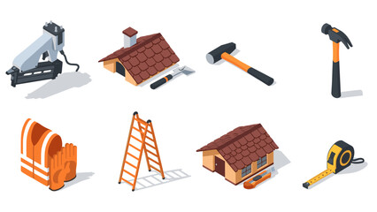 Plakat Isometric construction tools and equipment set featuring hammer, ladder, and roof elements