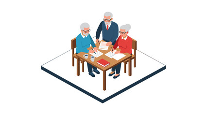 Elderly people collaborating on financial planning at table in isometric style