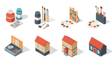 Obraz premium Isometric art supplies and building icons: creative tools and architecture set