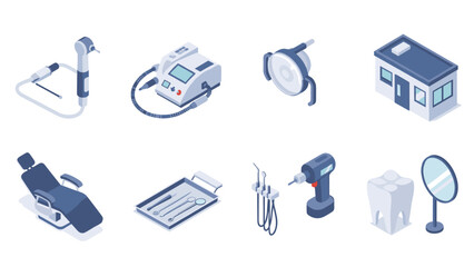 Isometric dental instruments collection with clinic elements in modern design