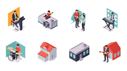 Musicians and houses in modern isometric style © Maureen