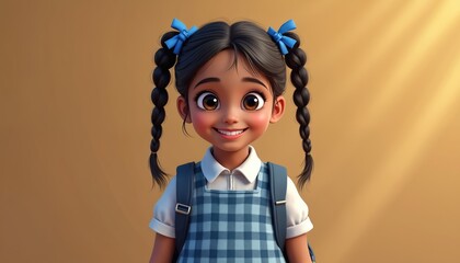 Cute Indian schoolgirl with braided pigtails, blue bows smiles joyfully. Wears white shirt, blue plaid pinafore dress, carrying backpack. Cartoon character represents childhood education, cultural
