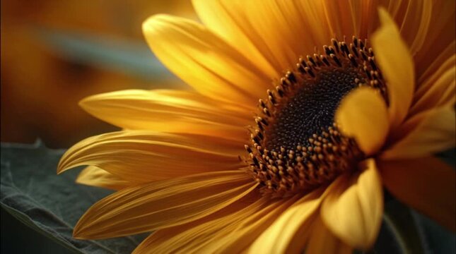 Close-up of a vibrant sunflower with a dark center and bright yellow petals against a blurred background.
