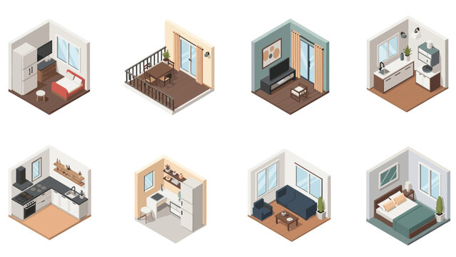 Compact isometric room designs highlighting modern interior layouts for apartments