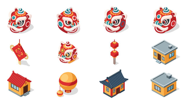 Isometric chinese new year elements with iconic dragon and lantern