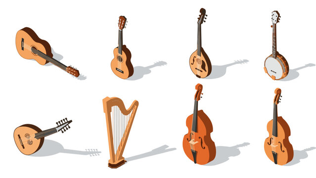 Isometric collection of diverse string instruments with shadows on white background