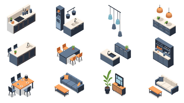 Modern isometric kitchen and living room furniture set with dining area and appliances