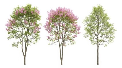 Fototapeta premium Isolated Tree Set Spring Flowering Trees on White Background