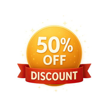 Backgroundless Graphic For ADS Bright Golden Badge with Ribbon Announcing 50 Percent Discount Offer